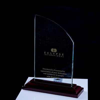 Customized shape laser engraving logo foil gold silver wooden base trophy