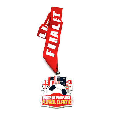 Red Ribbon Custom Metal Medals And Awards with national flags