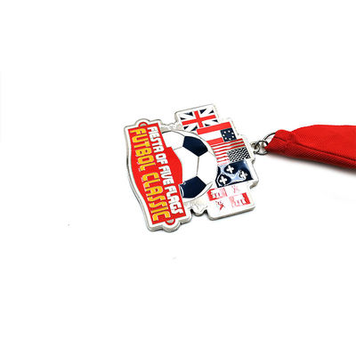 Red Ribbon Custom Metal Medals And Awards with national flags