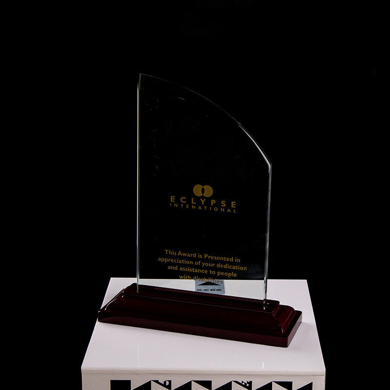 Customized shape laser engraving logo foil gold silver wooden base trophy